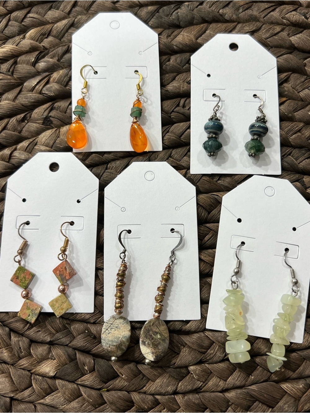 Lot 5 Pairs Artisan Handmade Stone Bead Dangle Earrings Wire Wrapped Boho
